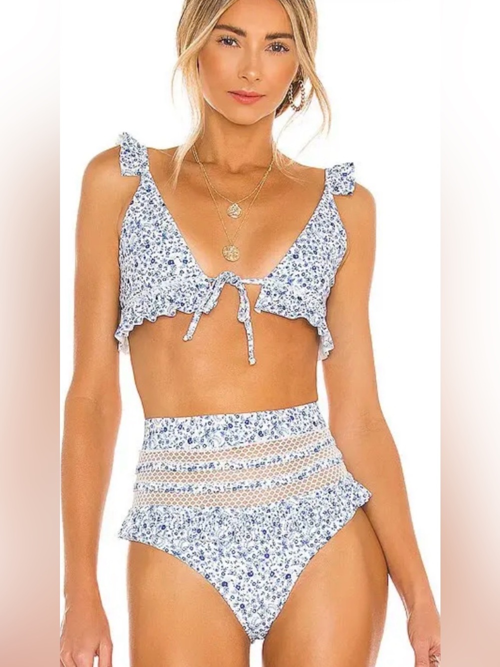 Tularosa Dreamer bikini set, ruffled front-tie top blue /white size S New